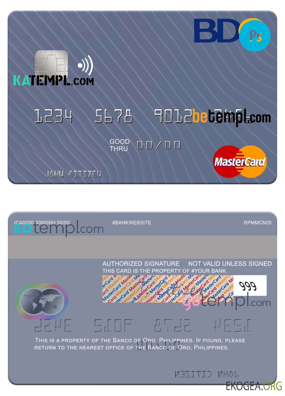 Philippines Banco de Oro mastercard, modèle entièrement modifiable au format PSD